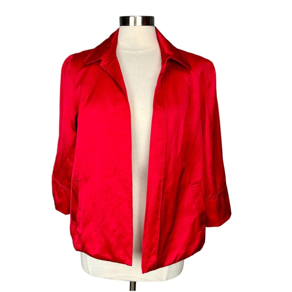 Louben Red Satin Open Front Blazer Jacket Linen Cotton Blend size 10